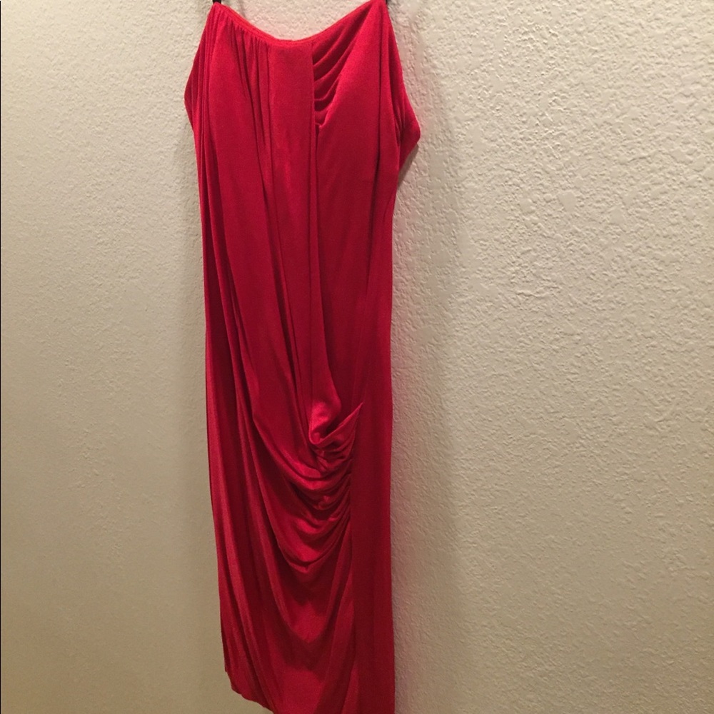 Red strapless evening dress
